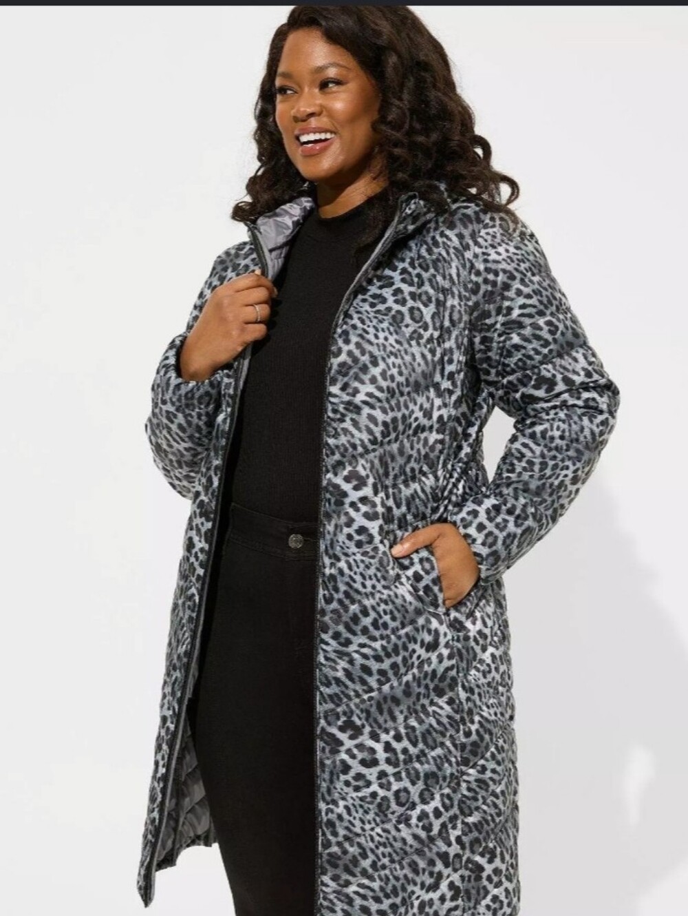 torrid Grey Leopard Print Long Puffer Coat